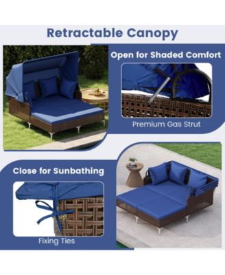 Outdoor Daybed w/ Retractable Canopy PE Wicker Rattan Patio Double Chaise Lounger