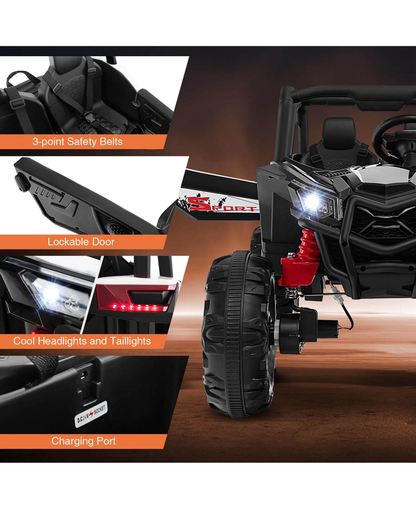 Детская игрушка Costway 24V Kids Ride-On UTV with Remote Control, от 3 лет, цвет: Чёрный — фото 6