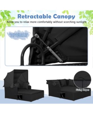 Patio Rattan Daybed Lounge Retractable Top Canopy Side Tables Cushions Outdoor
