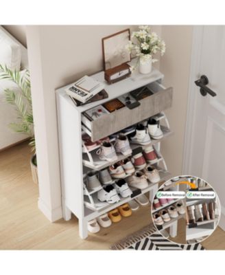 Shoe Storage Cabinet with 2 Flip Drawers, Entrance Wooden Shoe Rack with Iron Legs,Farmhouse Fluted Shoe Organizer for Entryway,Hallway,Foyer(White+Grey)