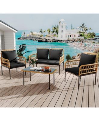 4 Pieces Patio Furniture Sets Wicker Outdoor Patio Table and Chairs Set with Glass Side Table, Loveseat Chairs, Boho Rattan Conversation Sets for Bistro, Apartment, Backyard, Porch, Black