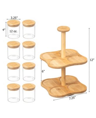 Minimalist Two-Tier Bamboo Lazy Susan Turntable with 8 Pcs 12 oz Airtight Lid Glass Jars, Versatile Spice Rack Organizer, Perfect for Kitchen Countertops, Dining Tables, and Pantry Cabinets