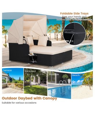 Patio Rattan Daybed Lounge Retractable Top Canopy Side Tables Cushions