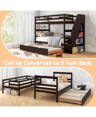 Twin over Twin Wooden Bunk Bed w/ Trundle Storage Stairs Convertible