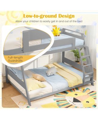 Twin Over Full Low Bunk Bed Solid Wooden Floor Bunk Bed w/ Reversible Ladder White