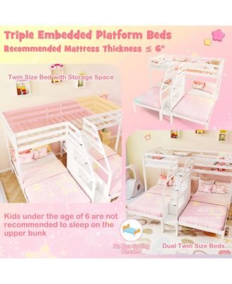 Wooden Twin Over Twin & Twin Bunk Bed w/ 4-Step Storage Staircase Guardrail
