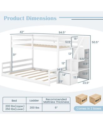 Twin Over Full Low Bunk Bed w/ Storage Stairs w/ Full-length Guardrails