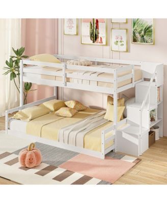 Twin Over Full Low Bunk Bed w/ Storage Stairs w/ Full-length Guardrails