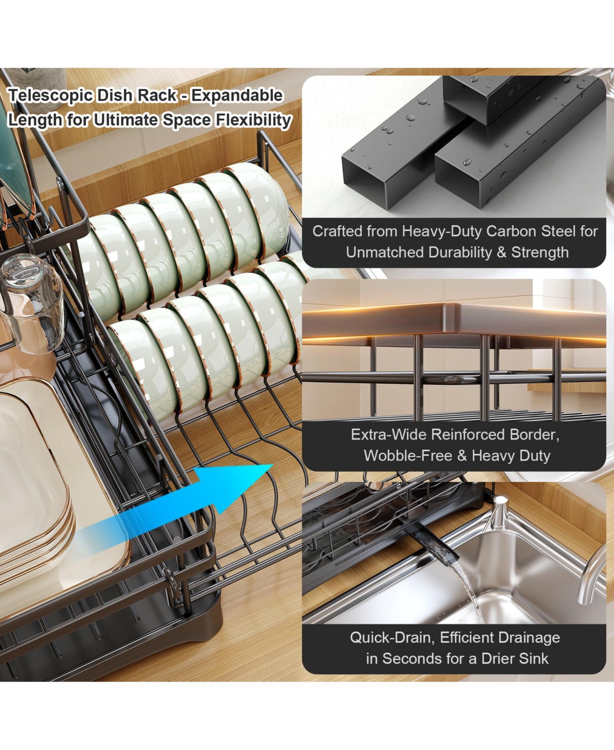 Dish Drying Rack,Extendable Dish Rack with Cutlery Holder, Anti-Rust Black Dish Racks for Kitchen Counter