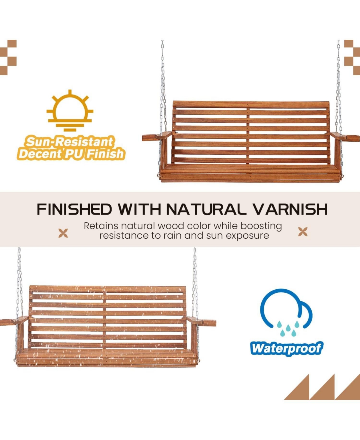 Aecojoy Upgraded 2-3 Person Wooden Porch Swing