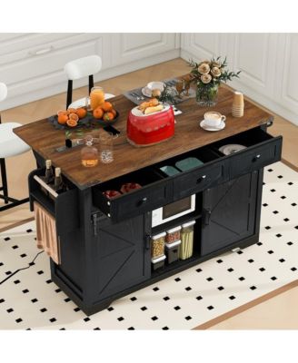 53.7" Farmhouse Kitchen Island with Drop Leaf, Power Outlet, Barn Doors & Drawers, Rolling Storage Cart