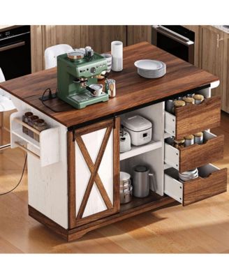 55.5" Wide MDF Drop Leaf, Barn Door, Power Outlet, 3 Drawers, Locking Wheels Farmhouse Kitchen Island Cart