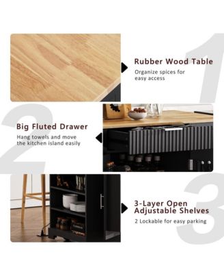 Rolling Kitchen Island with Trash Bin Cabinet, Power Outlet, 3 Drawers, Side Spice Racks, Solid Wood Top, Lockable Wheels