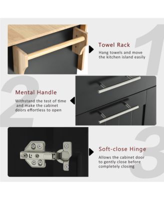 46" Rubberwood Top Rolling Kitchen Island Cart with Drop Leaf, 3-Tier Pull-Out Organizer and Hidden Door Racks