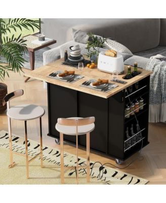 39.8" Wide Rubberwood, MDF Power Outlet, Drop Leaf, Wine Glass Rack, 2 Drawers, Locking Wheels Mobile Kitchen Island Cart