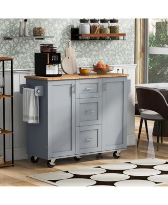 Rolling Kitchen Island 50-Inch with Rubber Wood Top, Slide-Out Shelves, 3 Drawers and Storage Racks