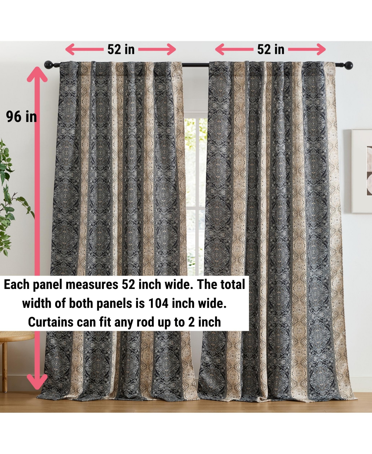 Hlc.me William Boho Damask Striped Patterned Window Back Tab Rod Pocket Curtains Bedroom - Light Blocking Darkening Window Panels, Set of 2