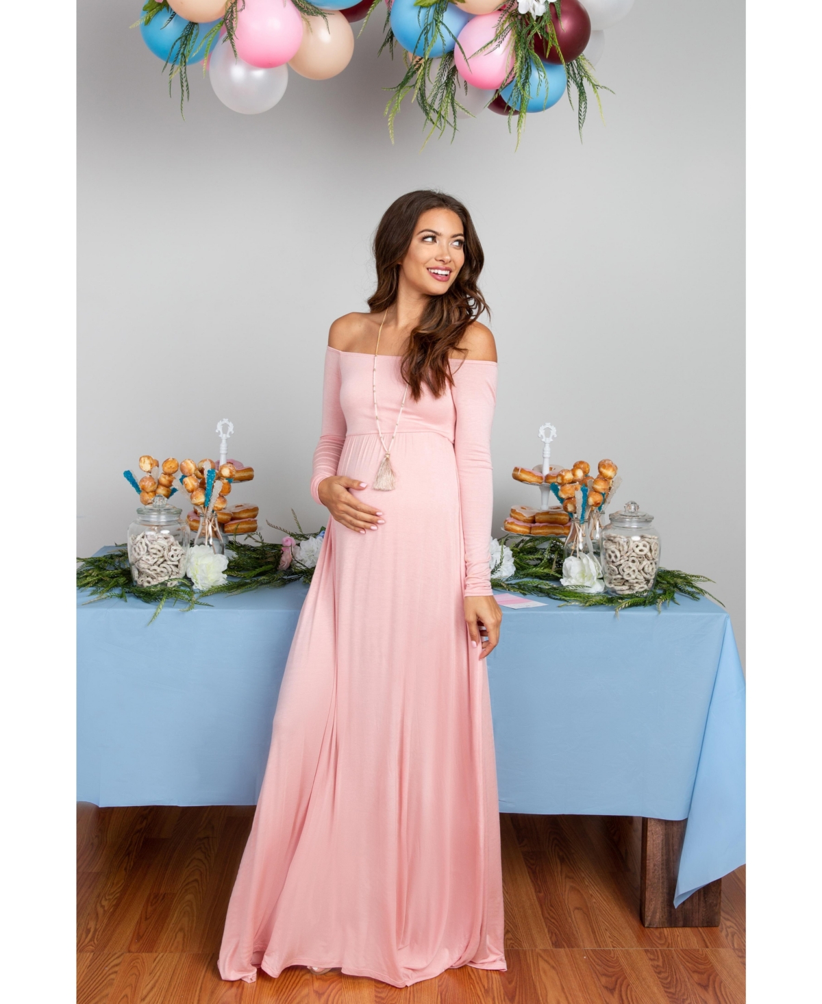 Pinkblush Maternity Pink Solid Off Shoulder Maxi Dress