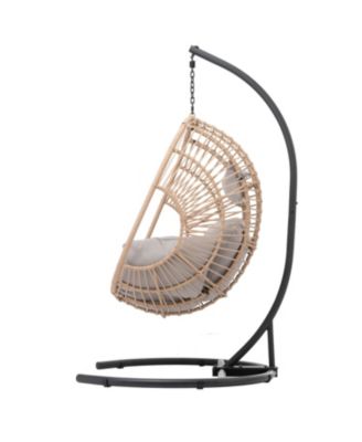Natural Wicker Egg Swing Chair with Beige Cushion for Indoor and Outdoor Use