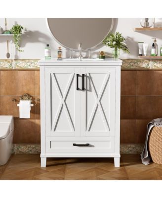 24" Solid Wood and MDF Bathroom Vanity with Sink, Soft-Close Doors, Drawer and Storage Shelves
