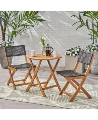 35 Inch Acacia Wood Bistro Set with Wicker Seating 2 Chairs and Table