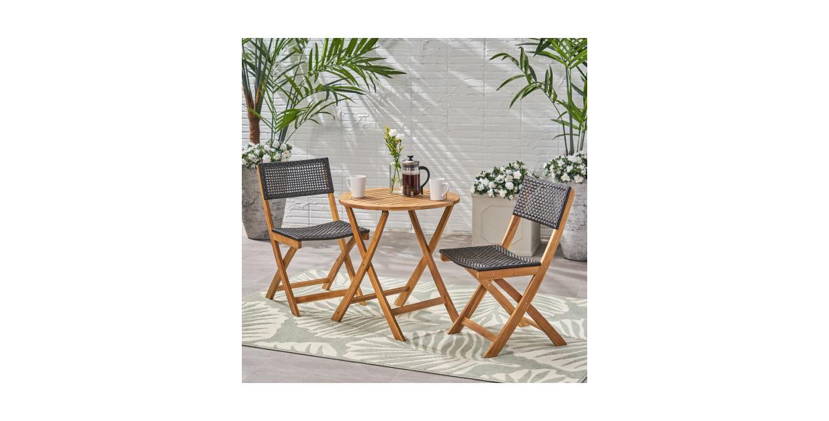 35 Inch Acacia Wood Bistro Set with Wicker Seating 2 Chairs and Table
