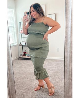 Olive Satin Smocked Fitted Maternity Maxi Dress