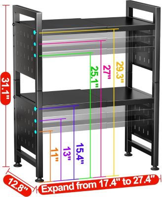 17.4"- 27.4" Expandable Microwave Stand, 3-Tier Heavy Duty Adjustable Height Microwave Oven Rack with 9 Hooks and Cutting Board Holder, Countertop Kitchen Shelf Organizer, Holds up to 180 lbs, Black