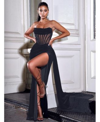 Women's Priya Black Draping Corset High Slit Velvet Gown