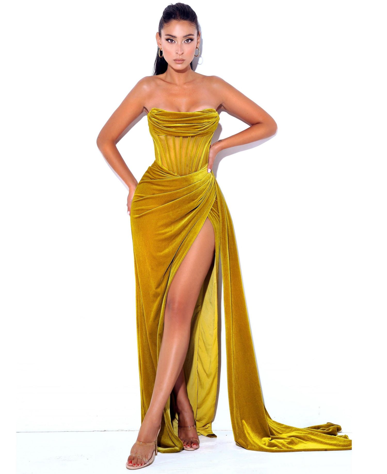 Women's Priya Gold Draping Corset High Slit Velvet Gown