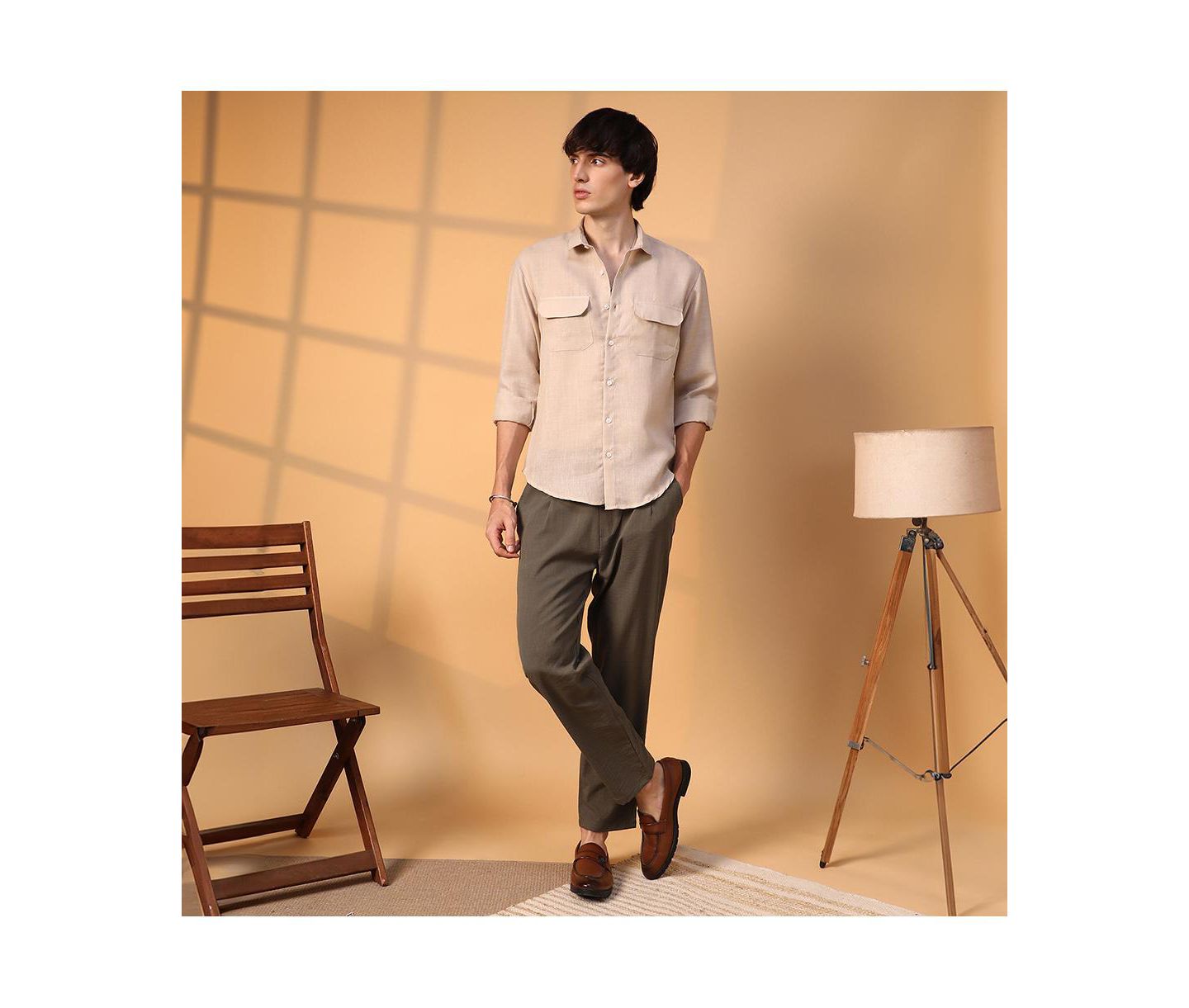 Мужская рубашка Cahoot Campus Sutra Khaki Beige Solid Utility, цвет: Бежевый — фото 6