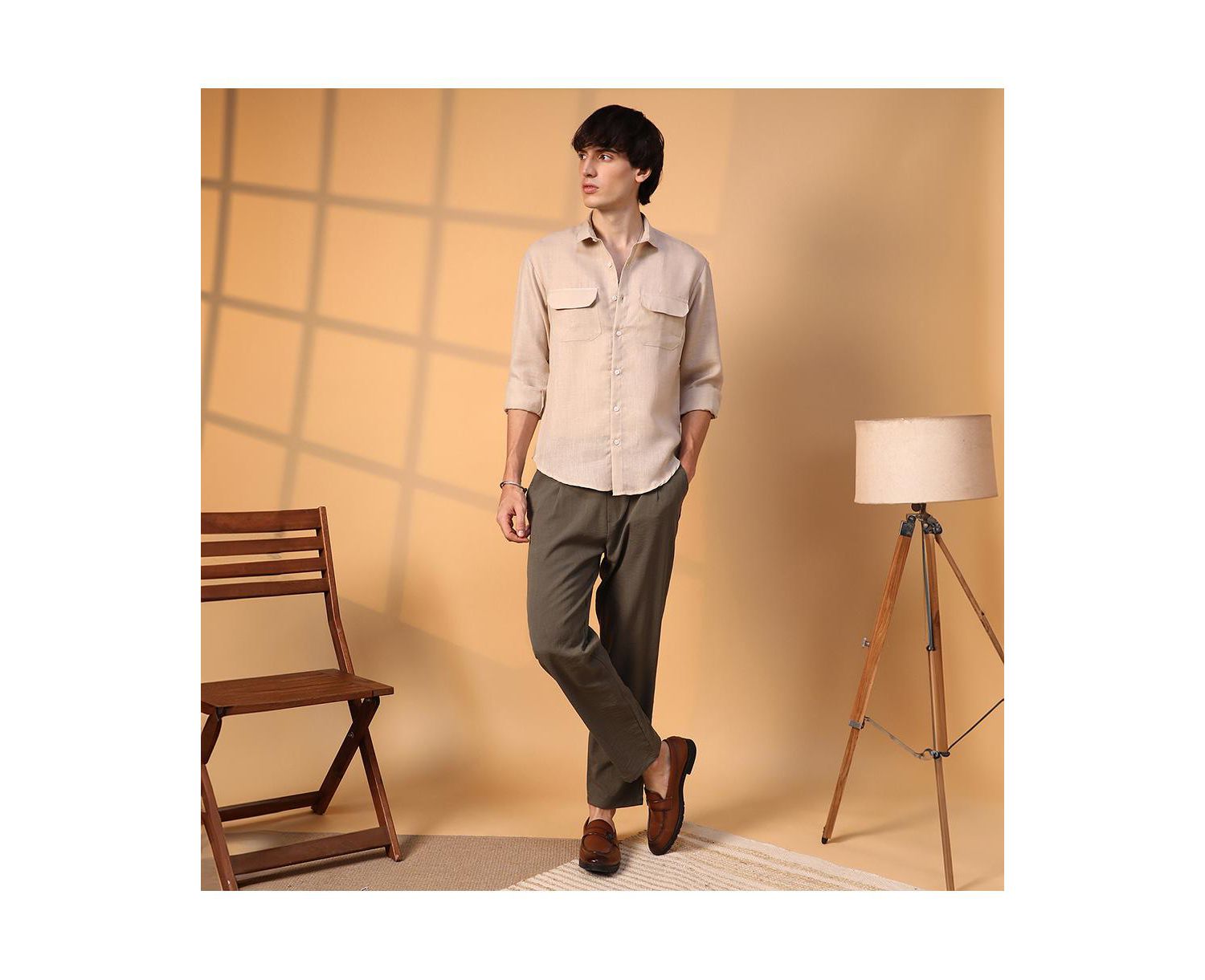 Men's Khaki Beige Solid Utility Shirt