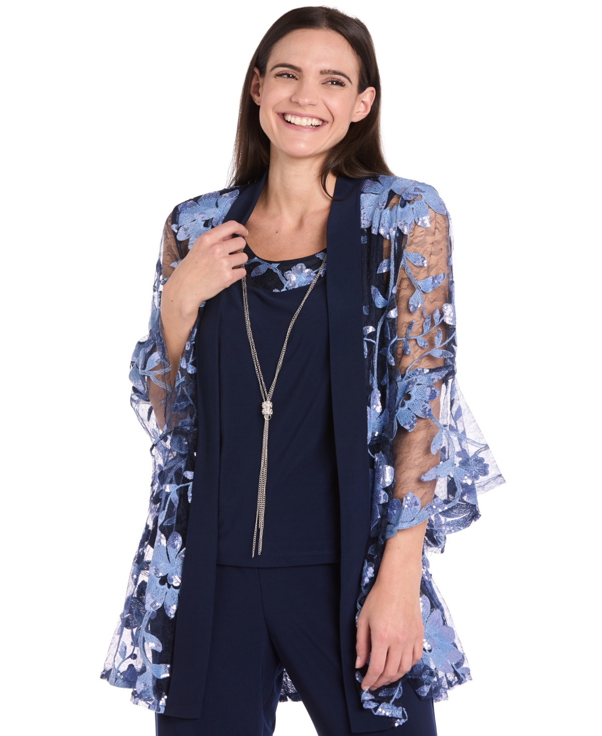 R & M Richards Petite Floral Jacket, Tank Top & Pants Set In Blue