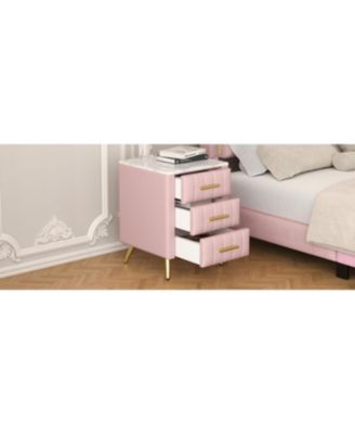 Upholstered Nightstand - 3 Drawers, Metal Legs & Marbling Top