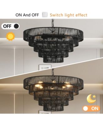 Rustic 5-Tier Hemp Rope Chandelier with 8 Sockets Hardwired Pendant Fixture