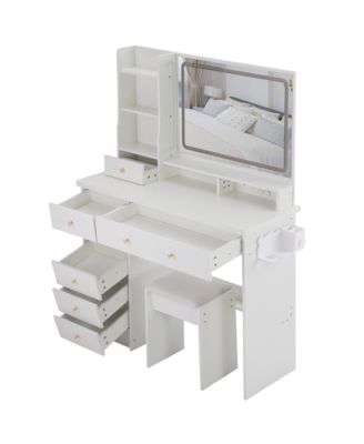 Vanity Table with Cushioned Stool, Power Station, Hair Dryer Stand, Large LED Mirror