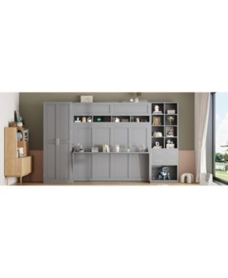 Queen Size Murphy Bed Wall Bed with Closet Drawers and Shelves