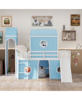 Full Size Loft Bed with Slide Tent and Tower