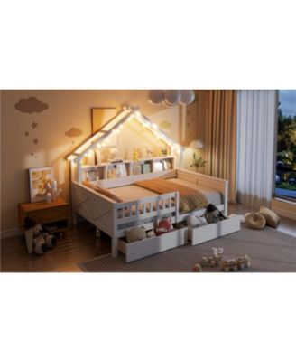 Wood Full House Platform Bed with LED & Storage