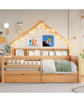 Wood Full House Platform Bed with LED & Storage