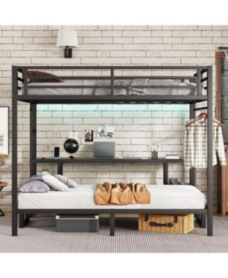 Queen Over Twin XL Bunk Bed with Desk LED & USB Black