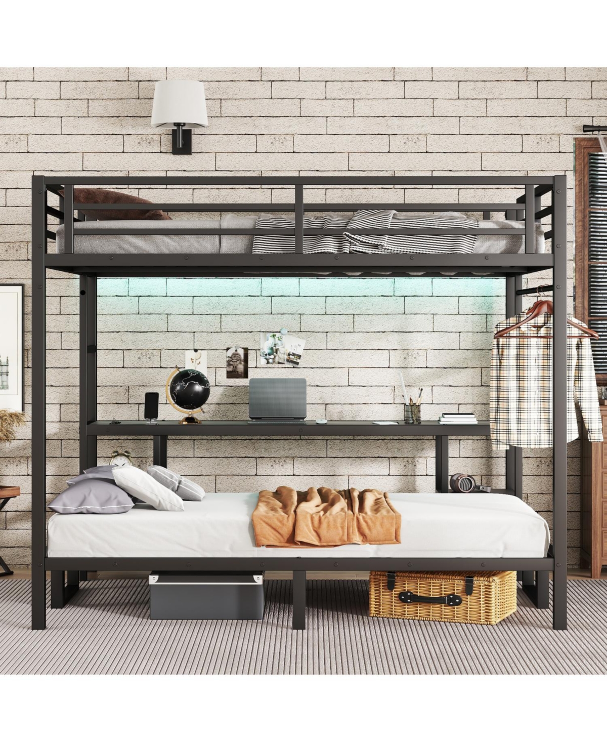 Streamdale Furniture Queen Over Twin Xl Bunk Bed with Desk Led & Usb Black