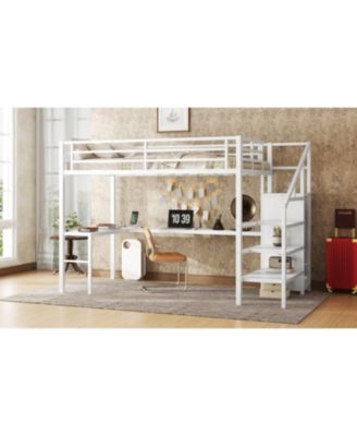 Loft Bed with Desk Wardrobe Shelf & LED - White