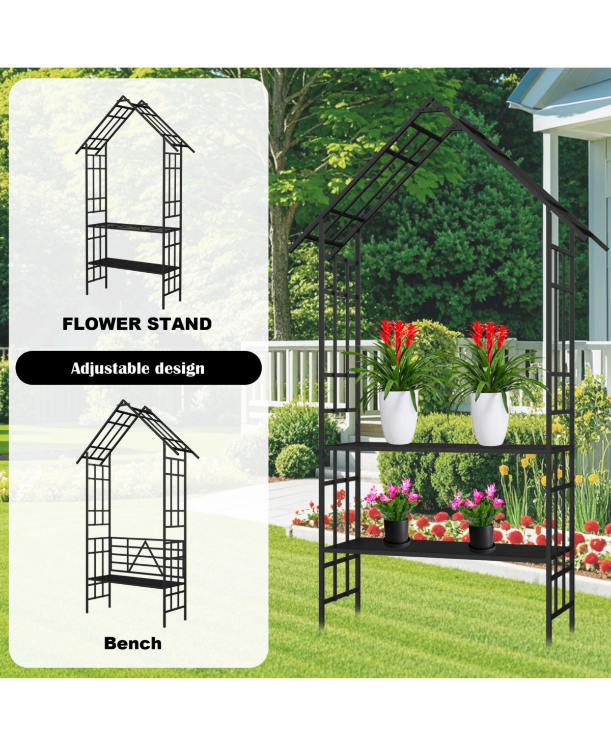 Streamdale Furniture Metal Garden Arch Bench Flower Stand Climbing Plants Support Black