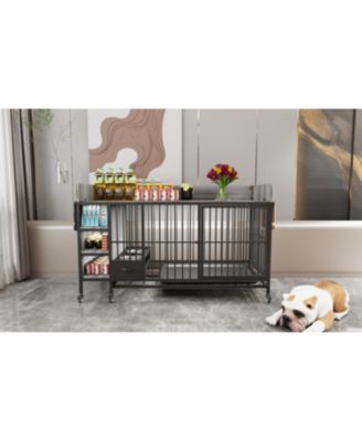 Large Pet Cage w/ Storage & Stainless Steel Bowls (Black/Gray)