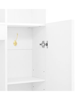 Streamdale 4-in-1 Hall Tree- 59" Wide, Golden Hooks, Walnut Bench, Adjustable Shelves, Black