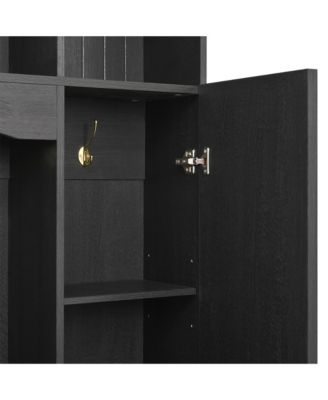 Streamdale 4-in-1 Hall Tree- 59" Wide, Golden Hooks, Walnut Bench, Adjustable Shelves, Black