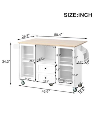 50.4"  Engineered Wood, Rubberwood Dropleaf Top, Drawers & Cabinet Mobile Kitchen Island Cart