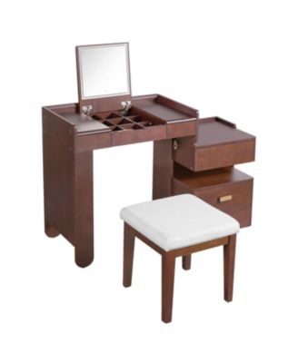 Flip-Top Vanity Desk w/ LED, Adjustable Length, Drawers - Walnut