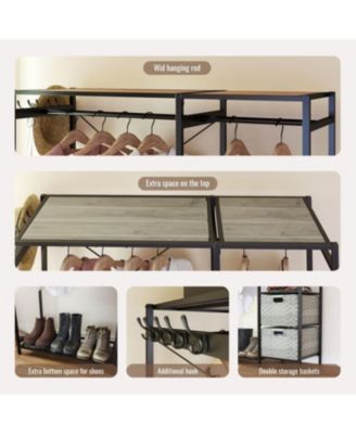 Acacia Wood Garment Rack w/ Shelves, Drawers &amp; Hooks - Light Gray